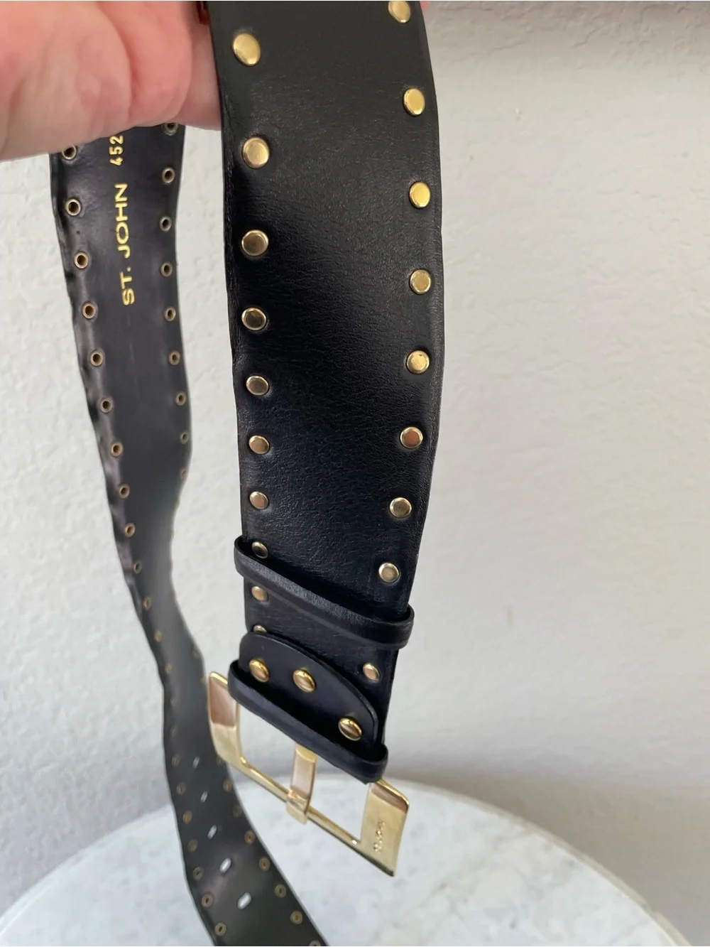 St. John Black Leather‎ Studded Belt Gold Hardware Minimalist Western Size 30